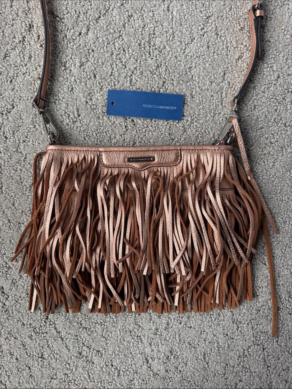 Rebecca Minkoff Finn Clutch Crossbody Fringe Bag in Rose Gold NWT